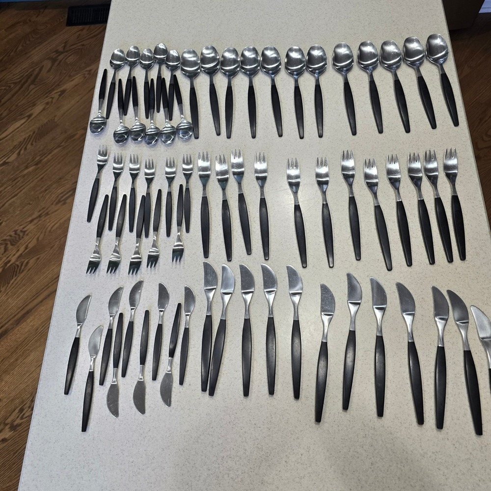 Gense Extra Stainless Sweden Flatware Set 67 Mid Century Modern Black Handle MCM